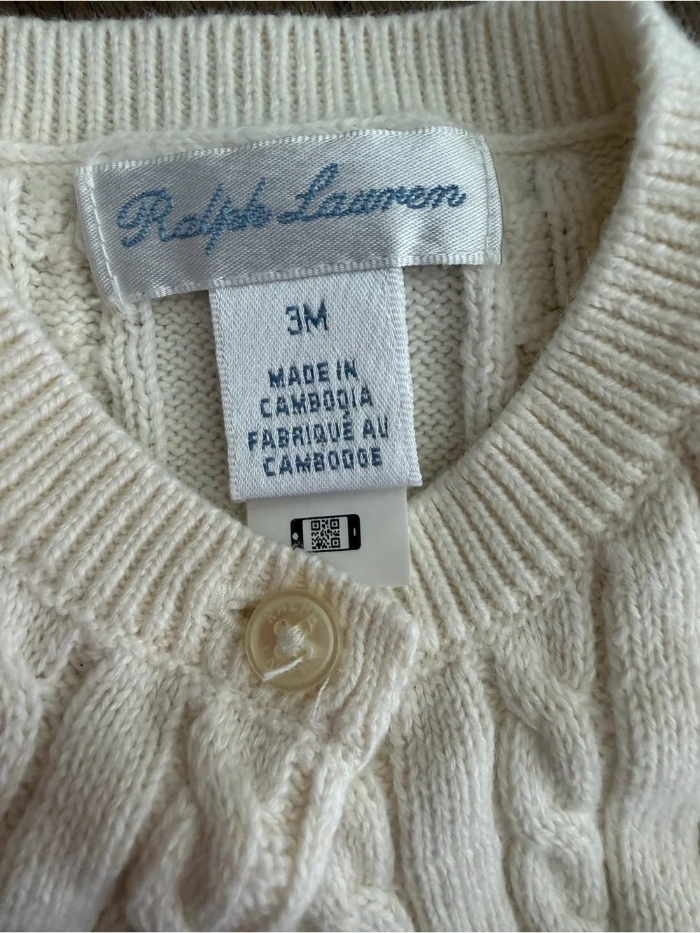 Ralph Lauren Ivory Cable-Knit Baby Cardigan with Pink Pony